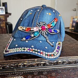 NWOT Blue Denim Baseball hat with dragonfly full of bling.
